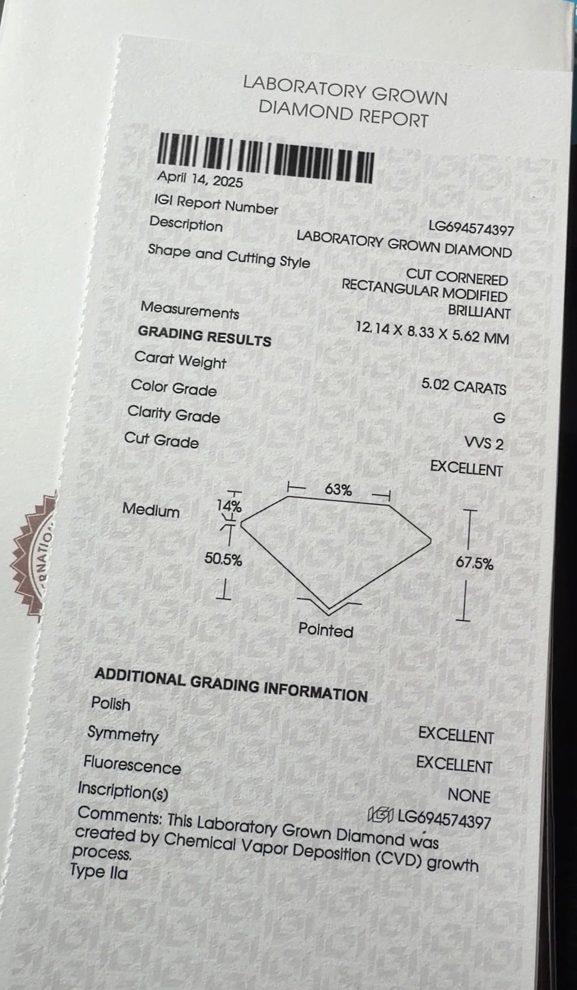 5.02 Carat Radiant Cut Lab-Grown Diamond | G Color | VVS2 Clarity | IGI Certified
