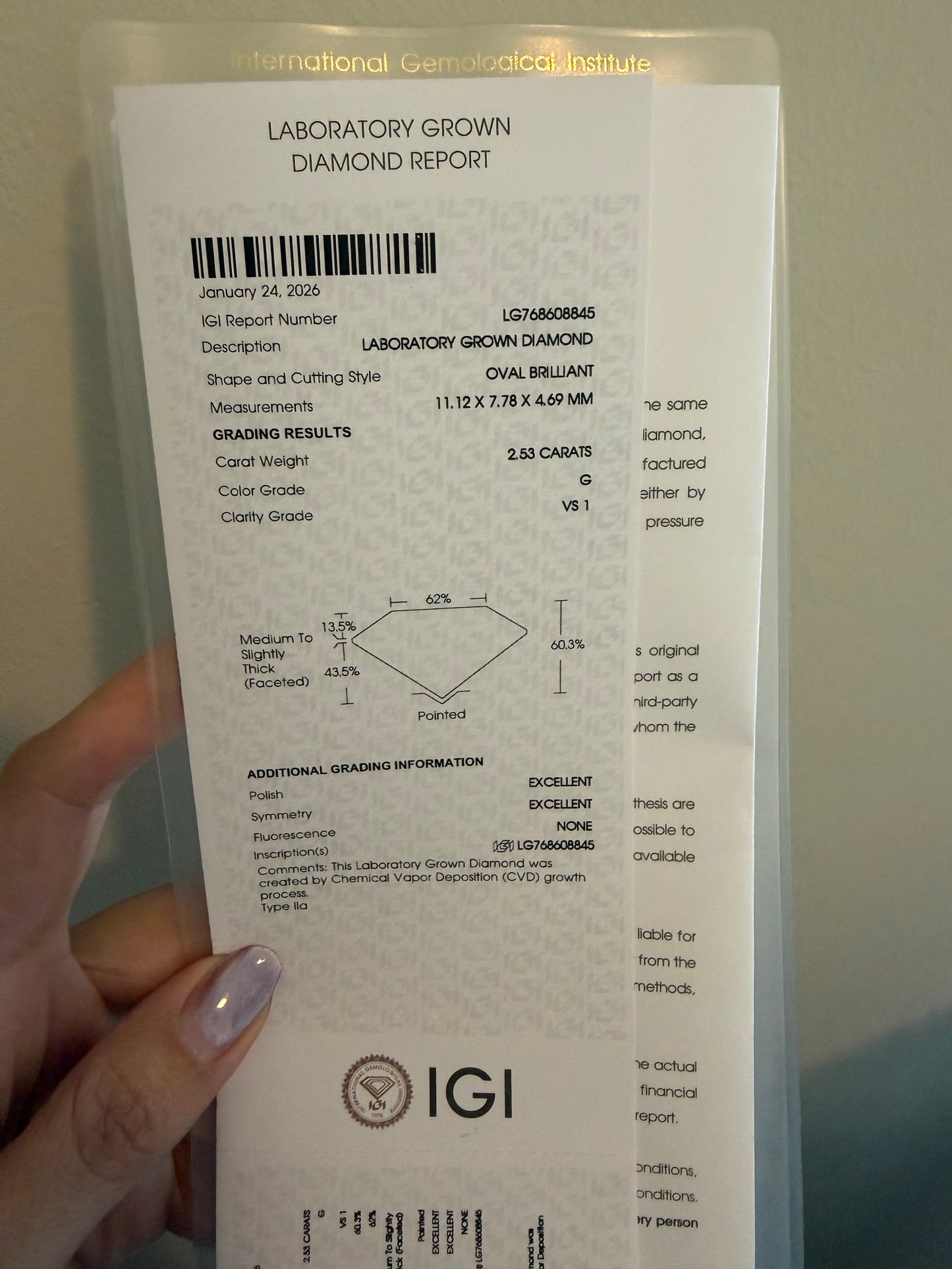 2.53 CT Oval Brilliant Lab Grown Diamond | IGI Certified | G VS1