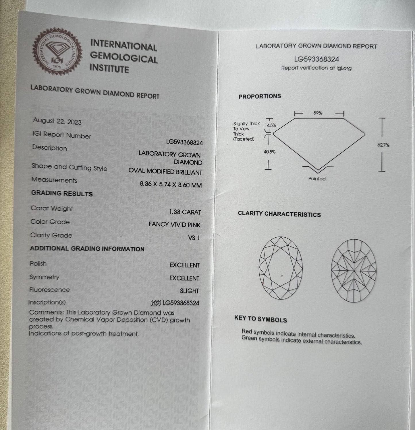 1.33 Carat Fancy Vivid Pink Oval Lab Grown Diamond | VS1 | IGI Certified