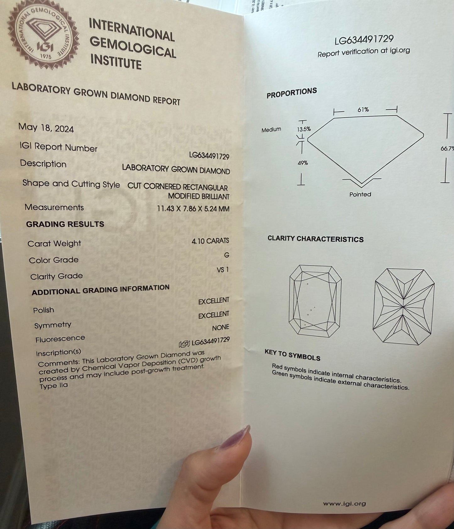 4.10 Carat Elongated Radiant Lab Grown Diamond| G VS1 | IGI Certified